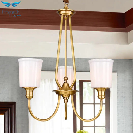 White Glass Cylinder Chandelier Light Colonialism 3/5 Lights Bedroom Pendant Lighting Fixture In