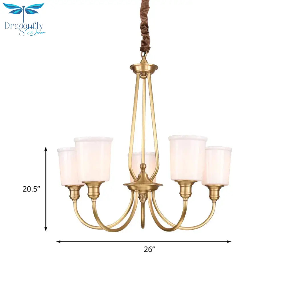 White Glass Cylinder Chandelier Light Colonialism 3/5 Lights Bedroom Pendant Lighting Fixture In
