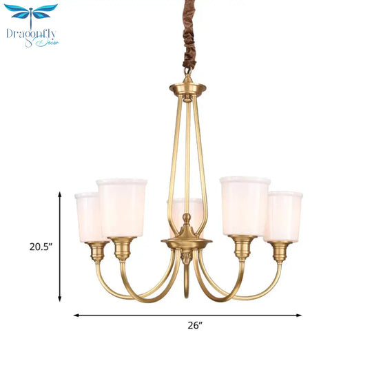 White Glass Cylinder Chandelier Light Colonialism 3/5 Lights Bedroom Pendant Lighting Fixture In