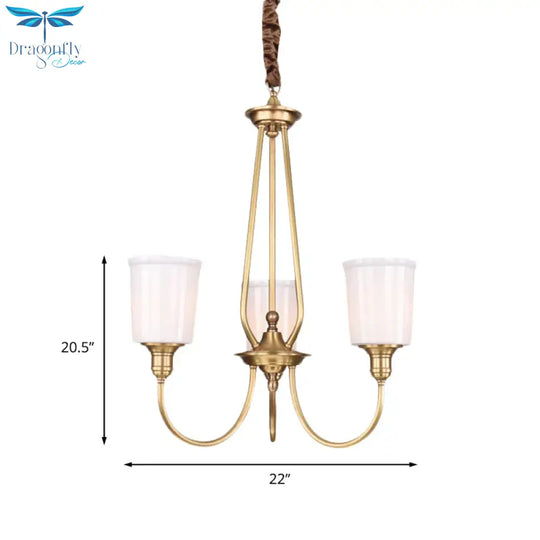 White Glass Cylinder Chandelier Light Colonialism 3/5 Lights Bedroom Pendant Lighting Fixture In