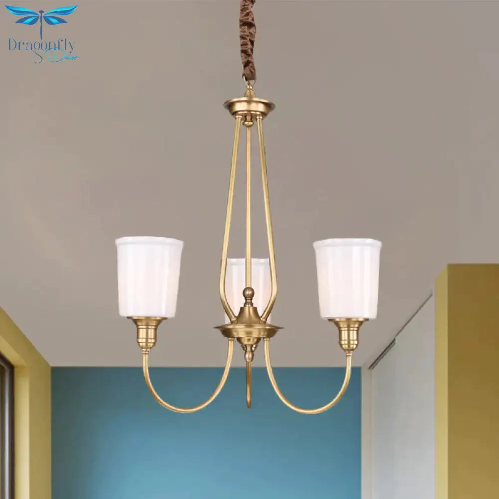 White Glass Cylinder Chandelier Light Colonialism 3/5 Lights Bedroom Pendant Lighting Fixture In