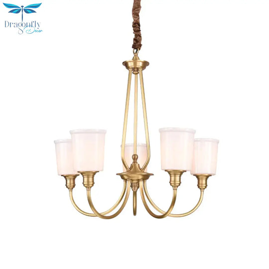 White Glass Cylinder Chandelier Light Colonialism 3/5 Lights Bedroom Pendant Lighting Fixture In