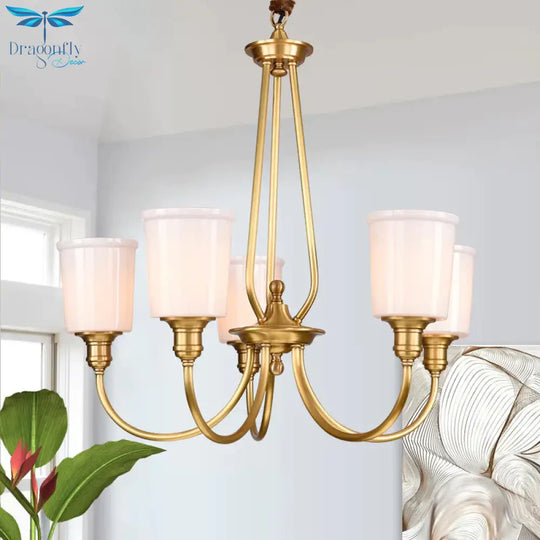 White Glass Cylinder Chandelier Light Colonialism 3/5 Lights Bedroom Pendant Lighting Fixture In