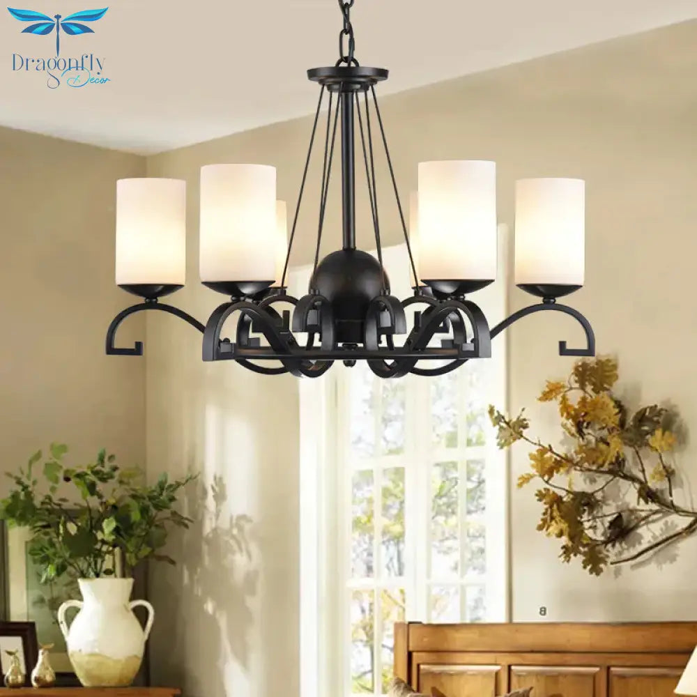 White Glass Cylinder Chandelier Light Fixture Rustic 6 Lights Bedroom Hanging Ceiling In Black