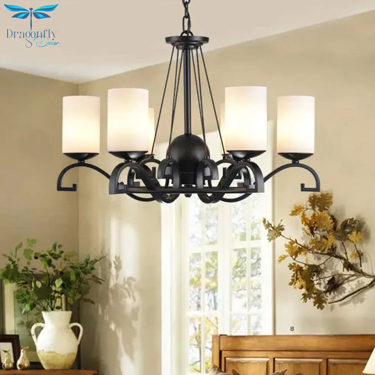 White Glass Cylinder Chandelier Light Fixture Rustic 6 Lights Bedroom Hanging Ceiling In Black