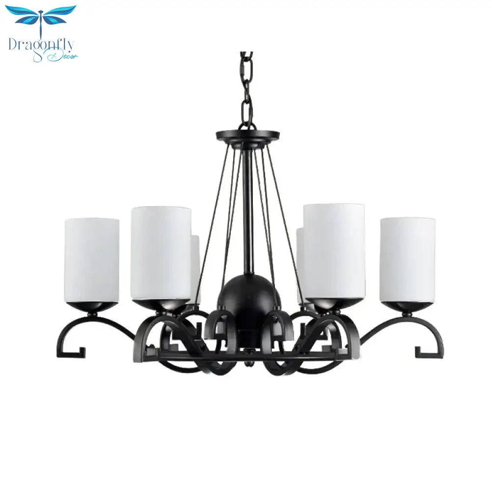 White Glass Cylinder Chandelier Light Fixture Rustic 6 Lights Bedroom Hanging Ceiling In Black
