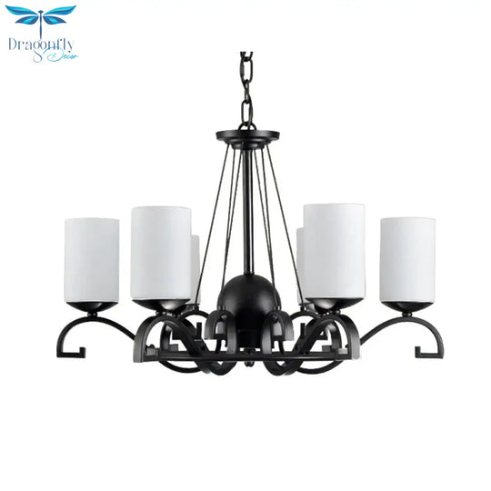 White Glass Cylinder Chandelier Light Fixture Rustic 6 Lights Bedroom Hanging Ceiling In Black