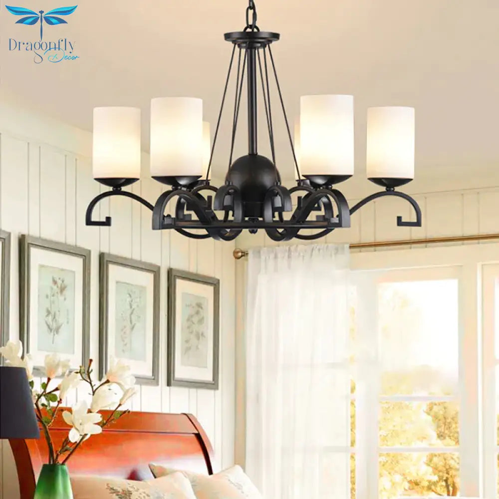 White Glass Cylinder Chandelier Light Fixture Rustic 6 Lights Bedroom Hanging Ceiling In Black