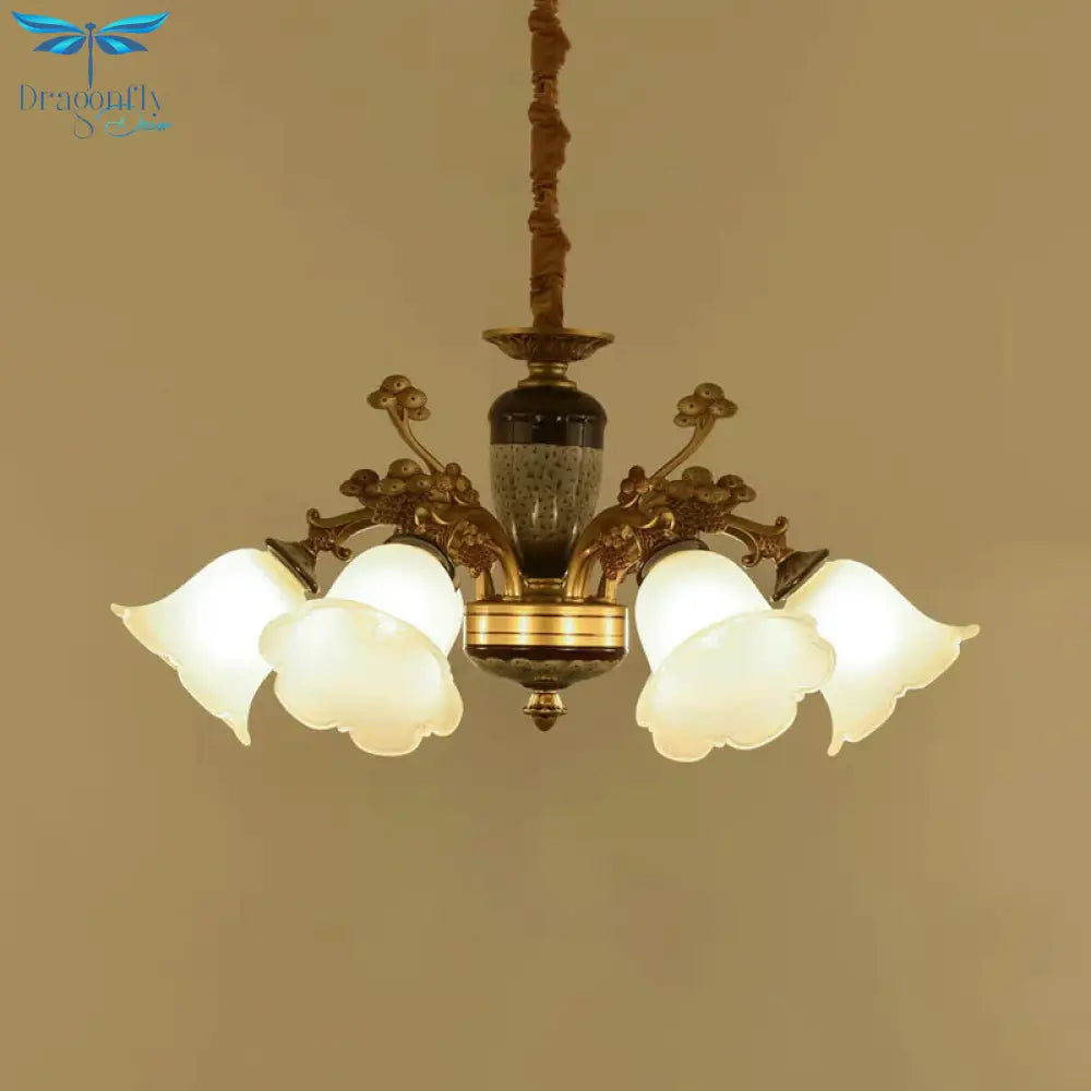 White Glass Floral Pendant Lighting Traditional 6 Lights Living Room Chandelier Lamp In Gold