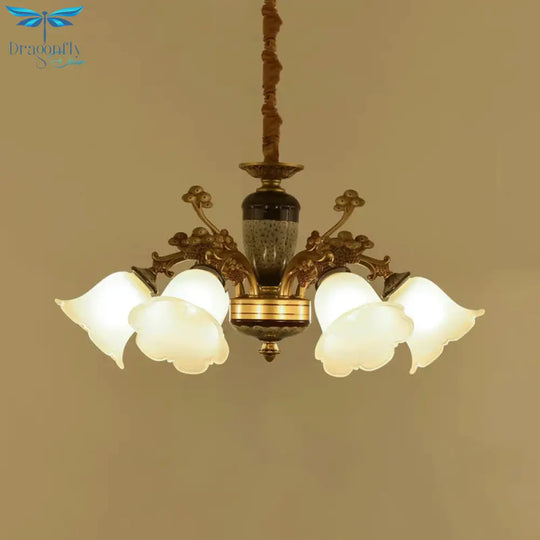 White Glass Floral Pendant Lighting Traditional 6 Lights Living Room Chandelier Lamp In Gold