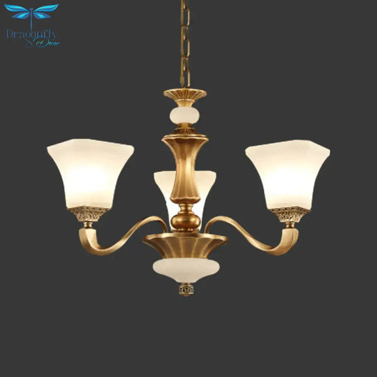 White Glass Pagoda Up Chandelier Traditional 3/6 - Head Bedroom Hanging Pendant Light In Brass