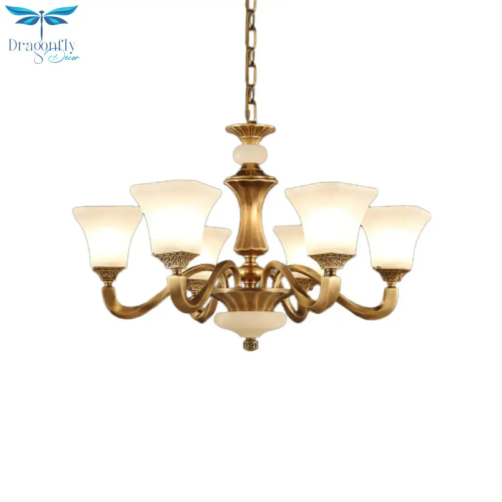White Glass Pagoda Up Chandelier Traditional 3/6 - Head Bedroom Hanging Pendant Light In Brass