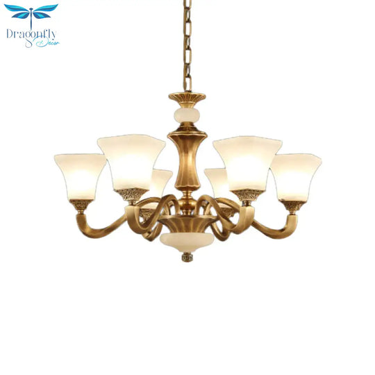 White Glass Pagoda Up Chandelier Traditional 3/6 - Head Bedroom Hanging Pendant Light In Brass