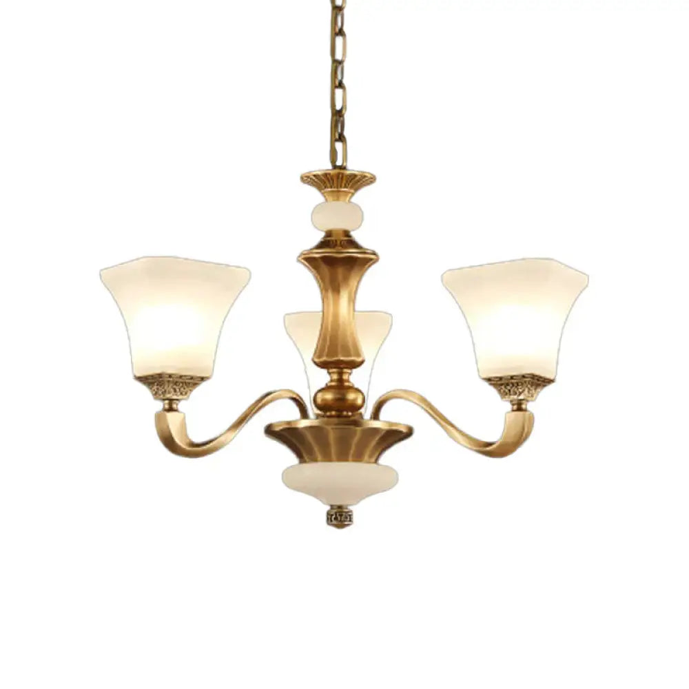 White Glass Pagoda Up Chandelier Traditional 3/6 - Head Bedroom Hanging Pendant Light In Brass 3 /