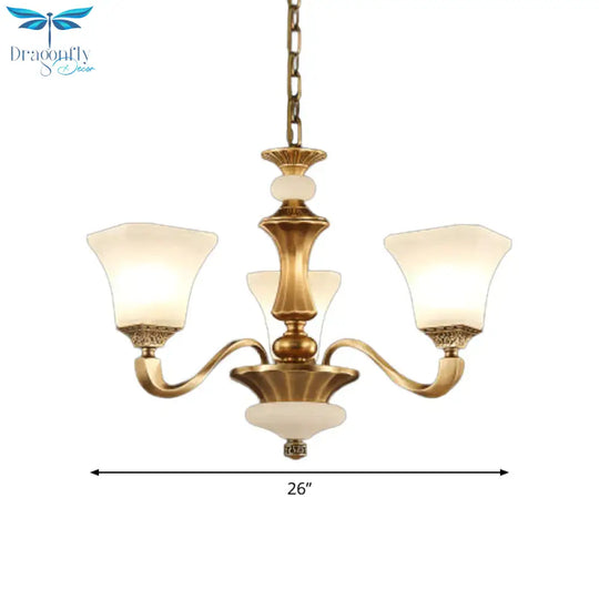 White Glass Pagoda Up Chandelier Traditional 3/6 - Head Bedroom Hanging Pendant Light In Brass