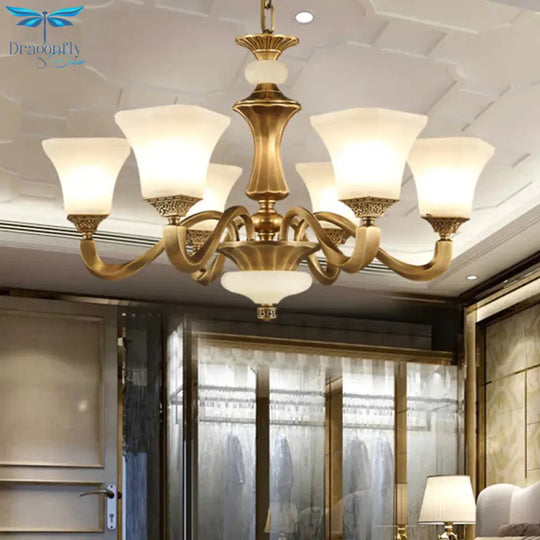 White Glass Pagoda Up Chandelier Traditional 3/6 - Head Bedroom Hanging Pendant Light In Brass