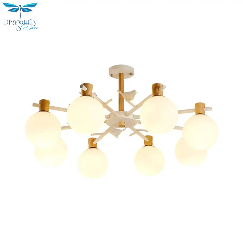 White Glass Sphere Hanging Chandelier Asian 6/8 Bulbs Pendant Lighting Fixture With Bird