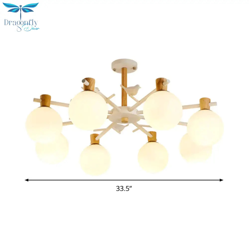 White Glass Sphere Hanging Chandelier Asian 6/8 Bulbs Pendant Lighting Fixture With Bird