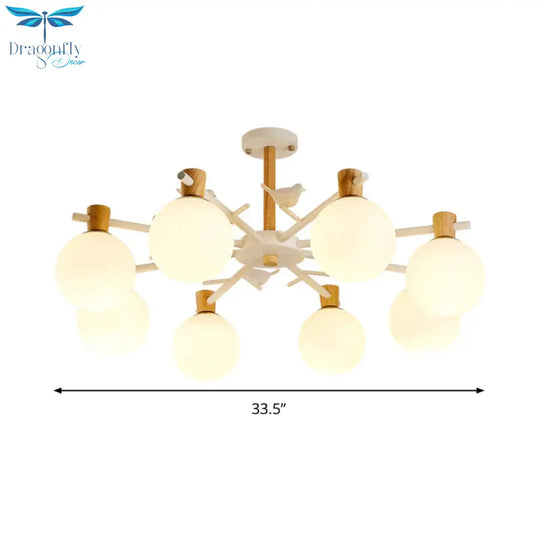 White Glass Sphere Hanging Chandelier Asian 6/8 Bulbs Pendant Lighting Fixture With Bird
