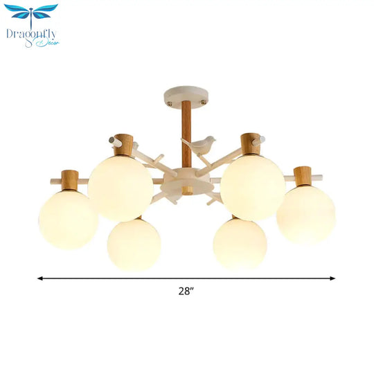 White Glass Sphere Hanging Chandelier Asian 6/8 Bulbs Pendant Lighting Fixture With Bird