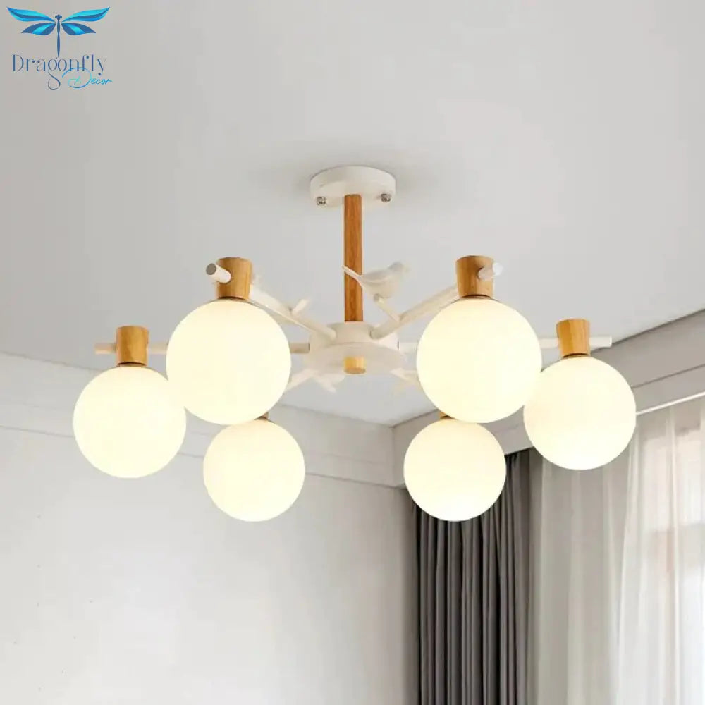 White Glass Sphere Hanging Chandelier Asian 6/8 Bulbs Pendant Lighting Fixture With Bird