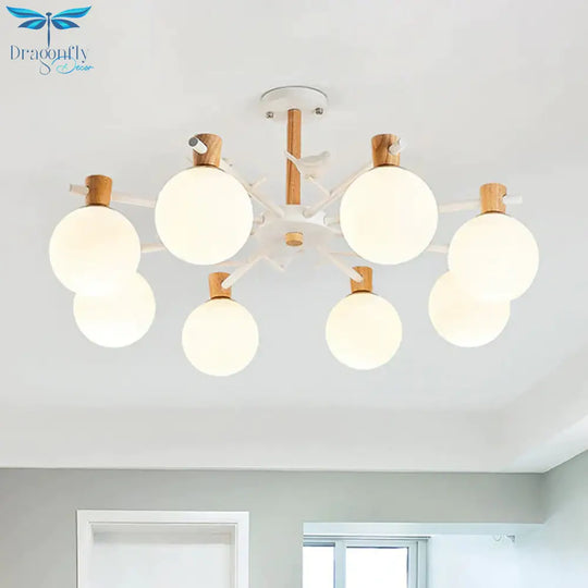White Glass Sphere Hanging Chandelier Asian 6/8 Bulbs Pendant Lighting Fixture With Bird