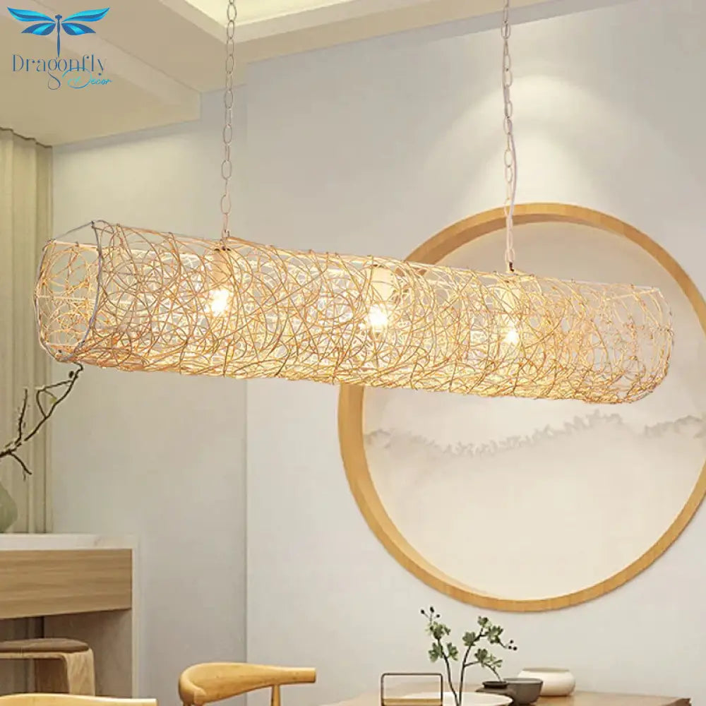 White Piping Horizontal Suspension Light Contemporary 3 - Light Bamboo Rattan Chandelier Pendant