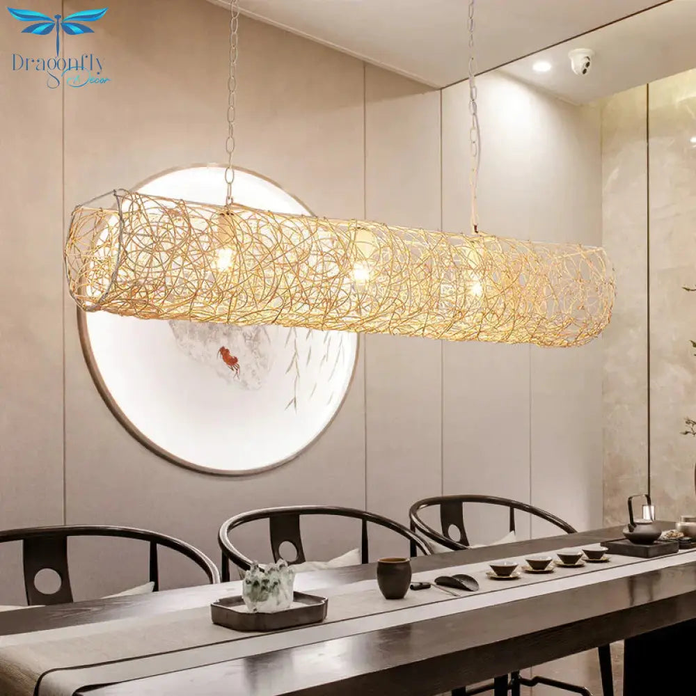 White Piping Horizontal Suspension Light Contemporary 3 - Light Bamboo Rattan Chandelier Pendant