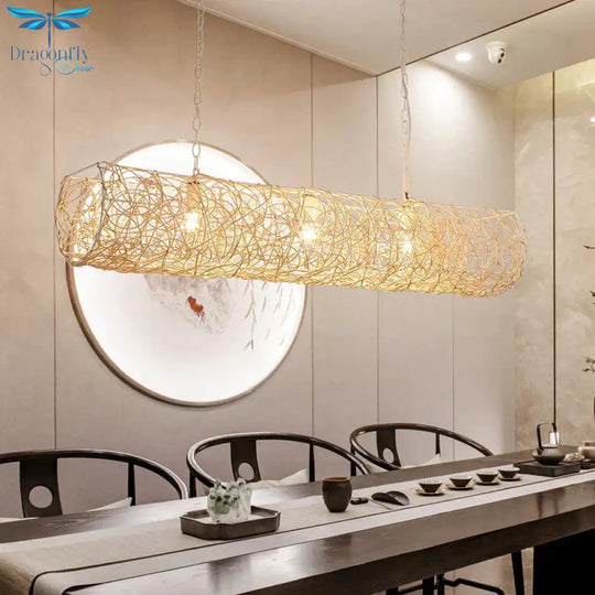 White Piping Horizontal Suspension Light Contemporary 3 - Light Bamboo Rattan Chandelier Pendant