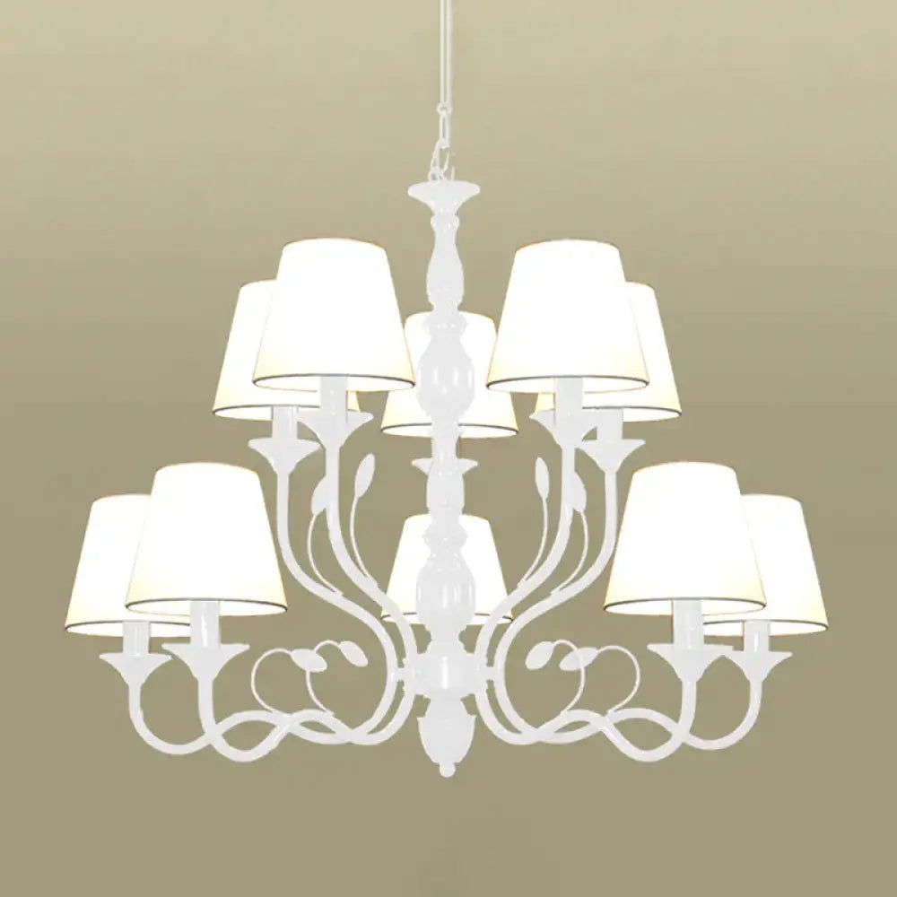 White Tapered Chandelier Lamp Traditionary Fabric 10/12/16 Bulbs Bedroom Pendant Light Fixture With