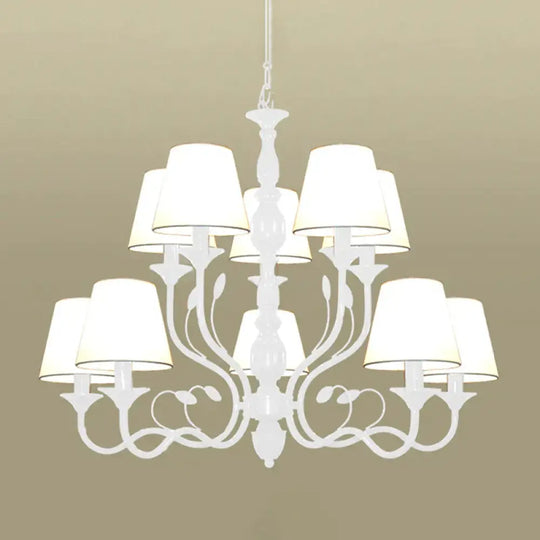 White Tapered Chandelier Lamp Traditionary Fabric 10/12/16 Bulbs Bedroom Pendant Light Fixture With