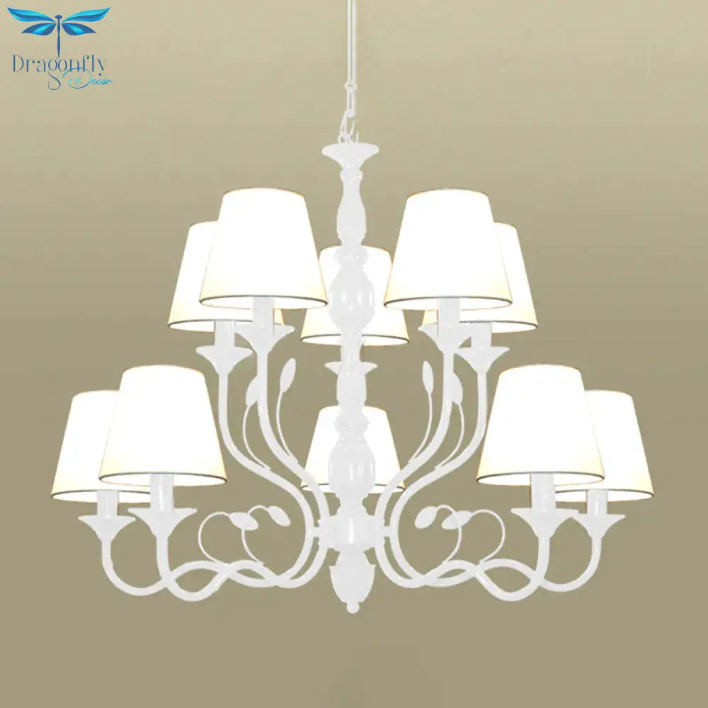 White Tapered Chandelier Lamp Traditionary Fabric 10/12/16 Bulbs Bedroom Pendant Light Fixture With