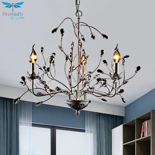 White Twig Pendant Light 3 - Light Creative Metal Chandelier With Crystal Bud For Kindergarten