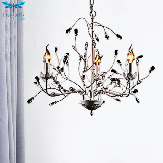 White Twig Pendant Light 3 - Light Creative Metal Chandelier With Crystal Bud For Kindergarten