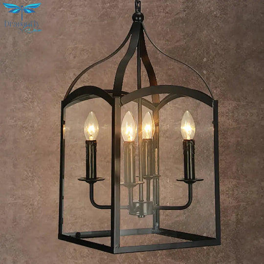 Wire Cage Indoor Chandelier Pendant Light Industrial Style Metal 4 Heads Black Hanging Lamp With