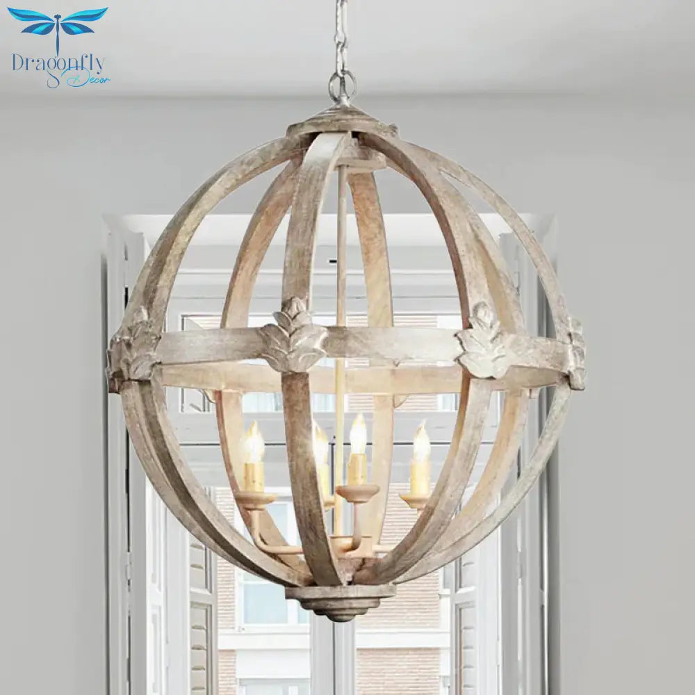 Wood Ball Chandelier Lamp Nordic 4 Bulbs Distressed White Pendant Lighting Fixture With Adjustable