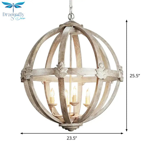 Wood Ball Chandelier Lamp Nordic 4 Bulbs Distressed White Pendant Lighting Fixture With Adjustable