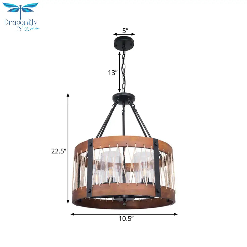 Wood Drum Chandelier Lamp Farmhouse 5 - Head Living Room Pendant Ceiling Light In Brown
