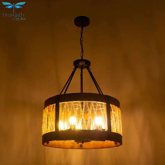 Wood Drum Chandelier Lamp Farmhouse 5 - Head Living Room Pendant Ceiling Light In Brown