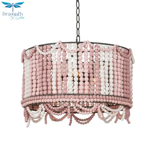 Wood Drum Chandelier Lamp Retro 3 Bulbs White/Pink/Blue Pendant Lighting Fixture With Adjustable