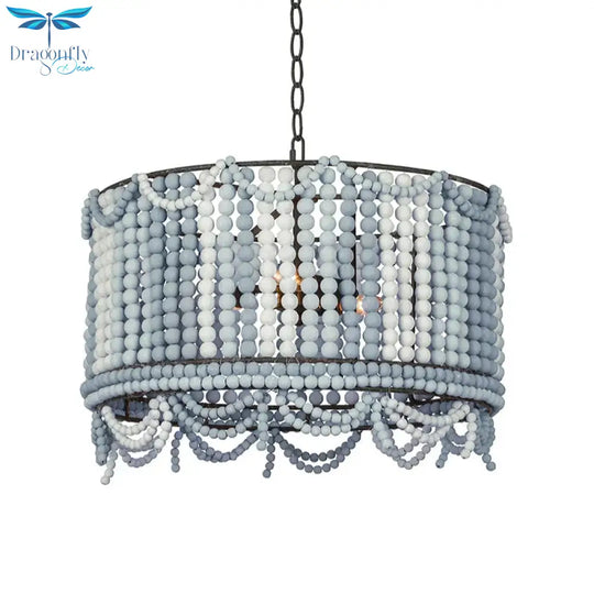 Wood Drum Chandelier Lamp Retro 3 Bulbs White/Pink/Blue Pendant Lighting Fixture With Adjustable