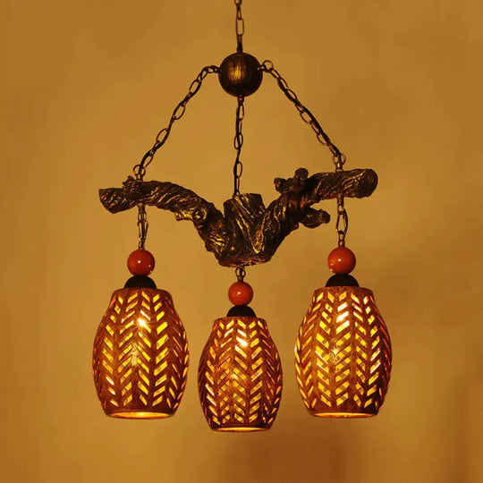 Wood Pendant Light Fixture In Brown With Resin Branch Beam 3 Heads Chandelier Lamp