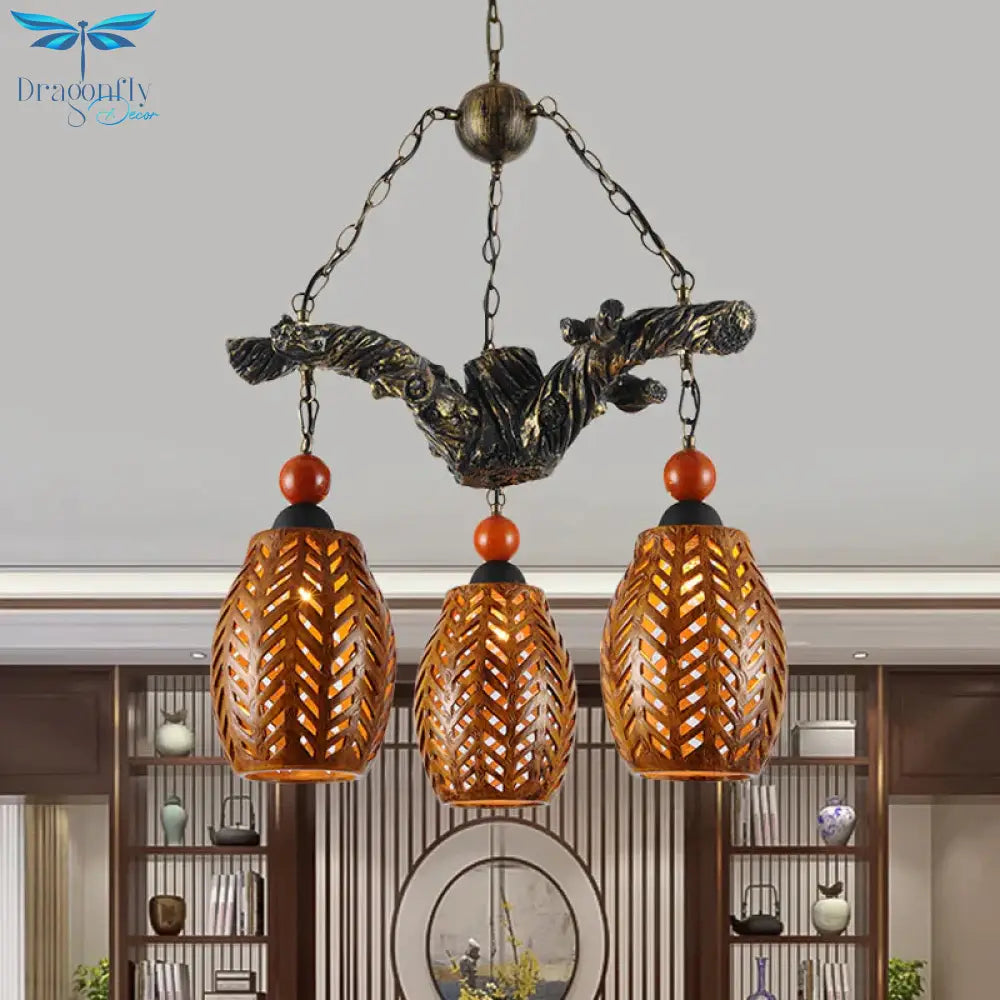 Wood Pendant Light Fixture In Brown With Resin Branch Beam 3 Heads Chandelier Lamp