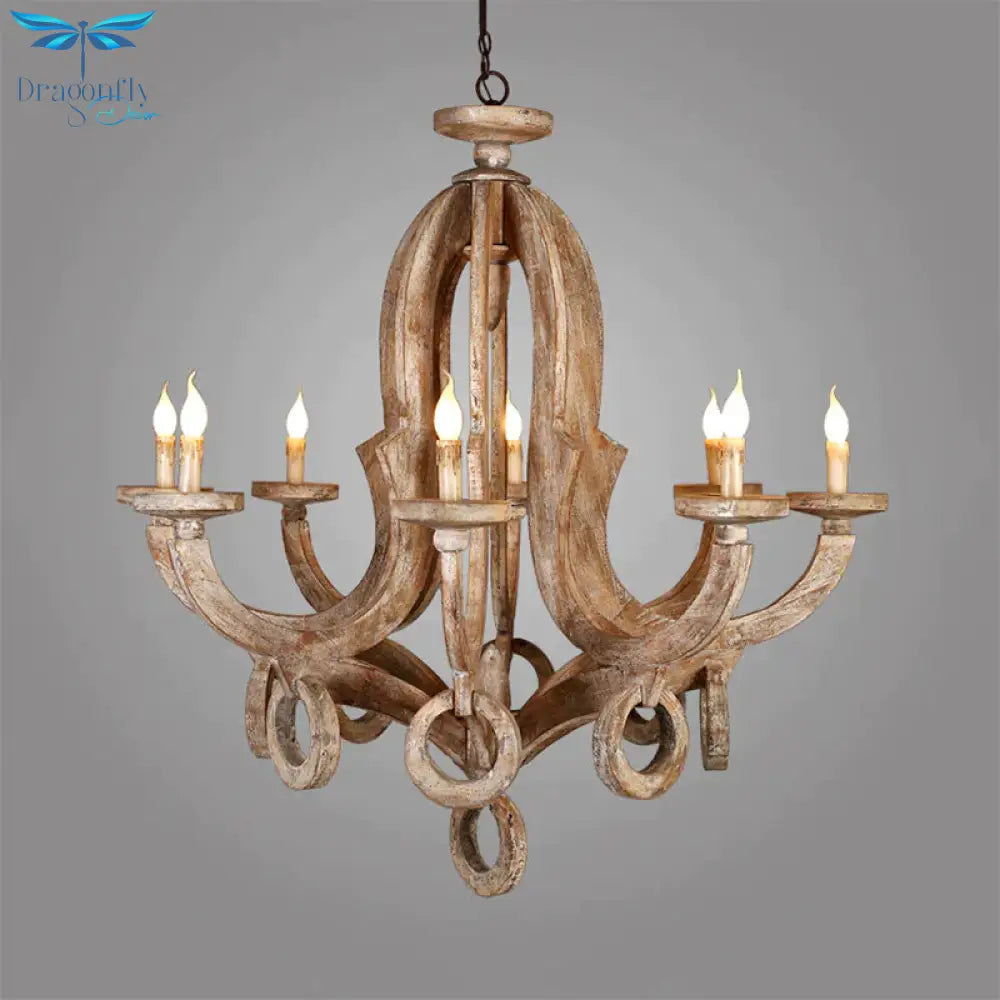 Wood Sputnik Chandelier Lamp Retro 6/8 Bulbs Brown Pendant Lighting Fixture With Adjustable Chain