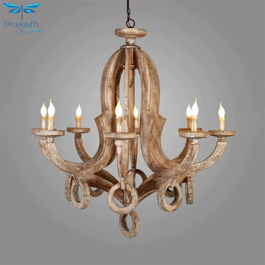 Wood Sputnik Chandelier Lamp Retro 6/8 Bulbs Brown Pendant Lighting Fixture With Adjustable Chain