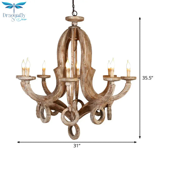 Wood Sputnik Chandelier Lamp Retro 6/8 Bulbs Brown Pendant Lighting Fixture With Adjustable Chain