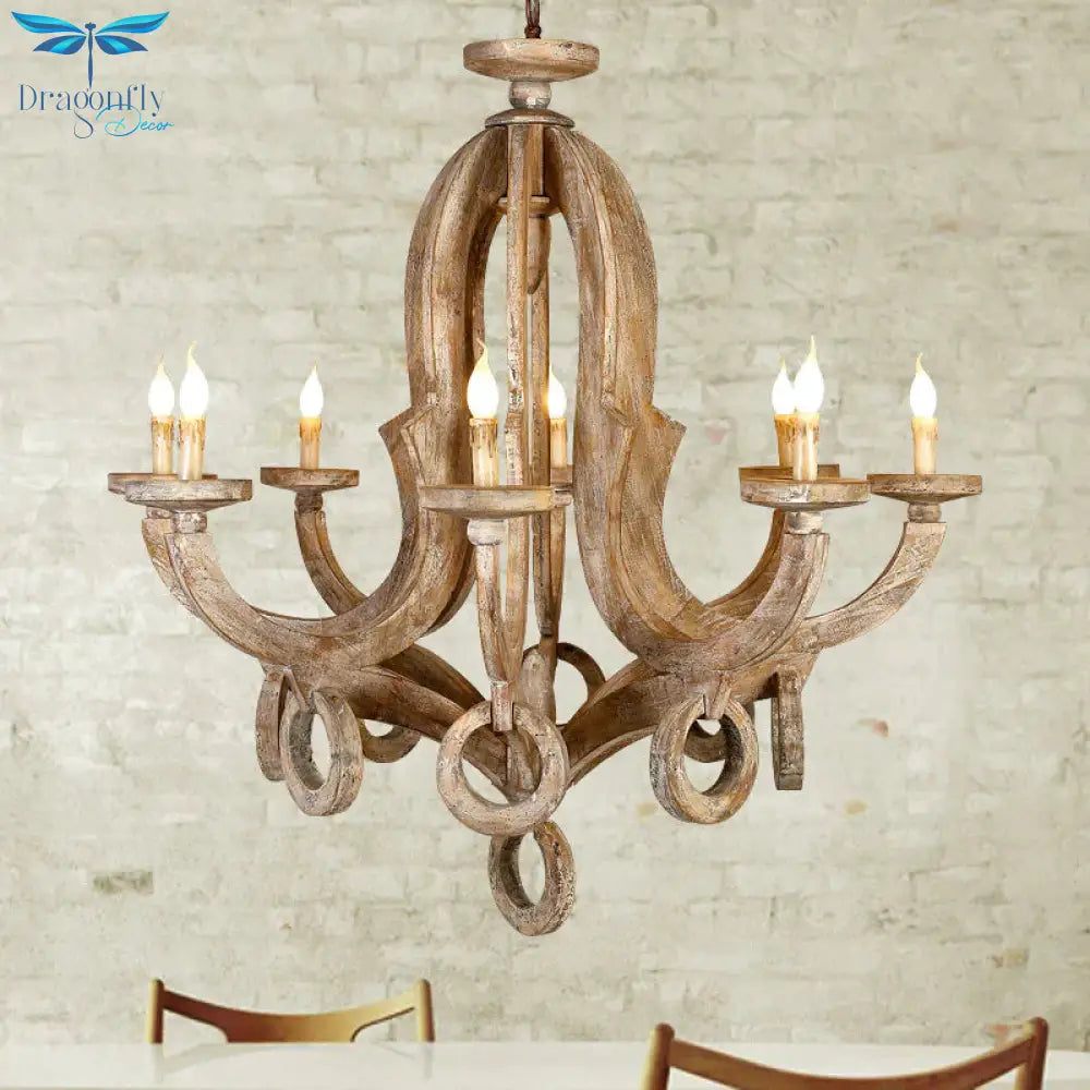 Wood Sputnik Chandelier Lamp Retro 6/8 Bulbs Brown Pendant Lighting Fixture With Adjustable Chain