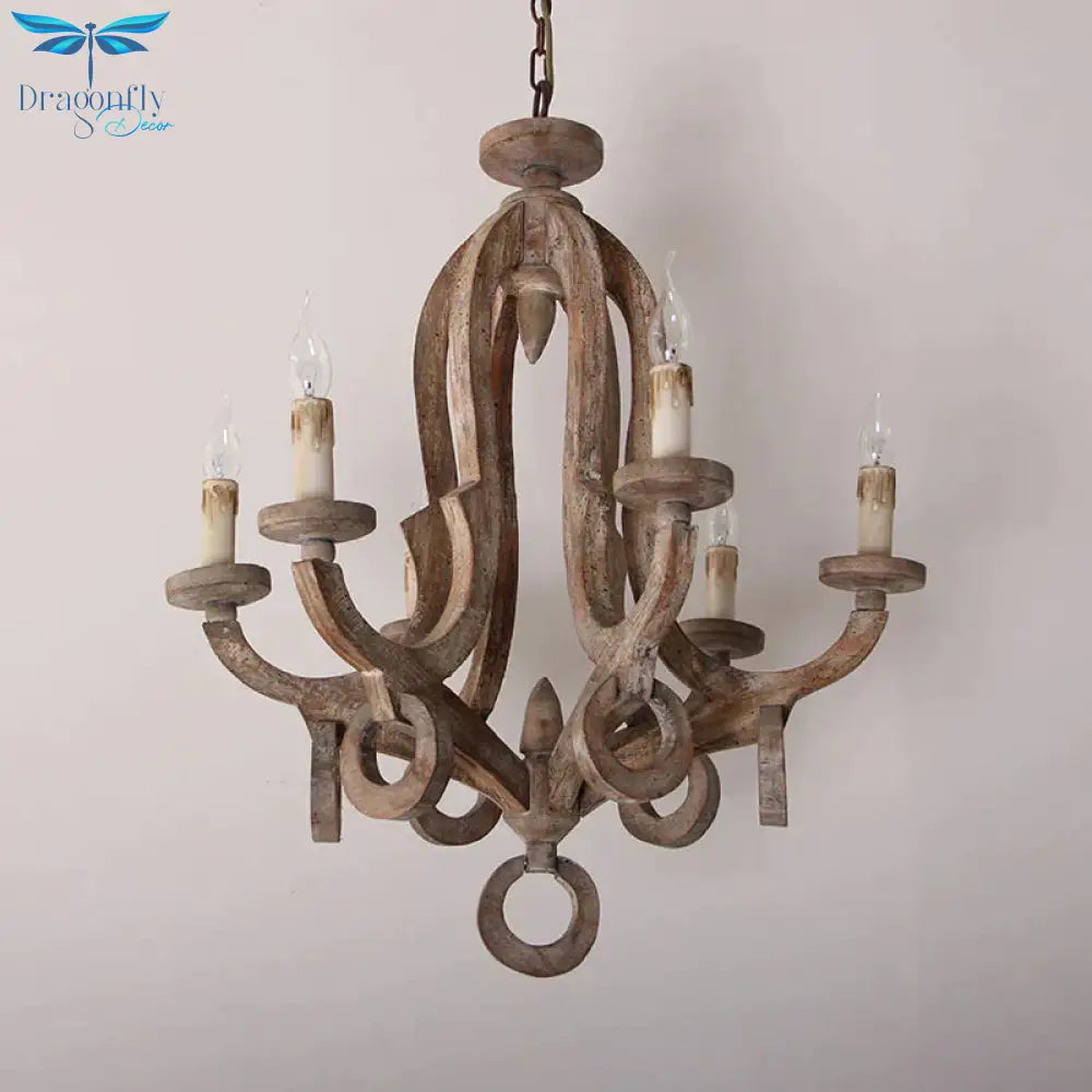 Wood Sputnik Chandelier Lamp Retro 6/8 Bulbs Brown Pendant Lighting Fixture With Adjustable Chain