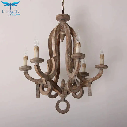 Wood Sputnik Chandelier Lamp Retro 6/8 Bulbs Brown Pendant Lighting Fixture With Adjustable Chain