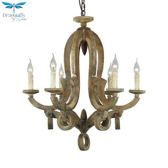 Wood Sputnik Chandelier Lamp Retro 6/8 Bulbs Brown Pendant Lighting Fixture With Adjustable Chain